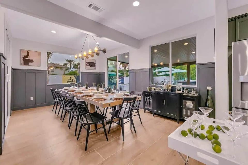 This beautifully curated dining room is perfect for hosting large gatherings. We have a full concierge service for the ultimate luxury vacation getaway!