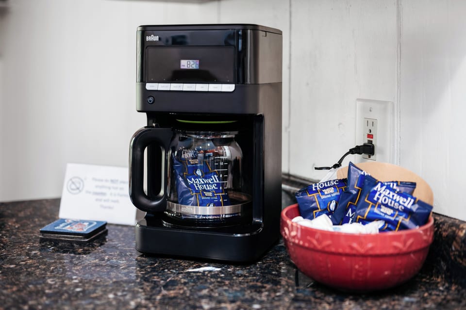 Start your day at the coffee station stocked & ready for a fresh morning brew.
