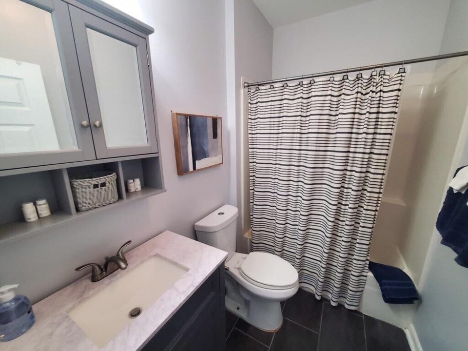 Clean, modern bathroom with stylish striped shower curtain and ample storage.