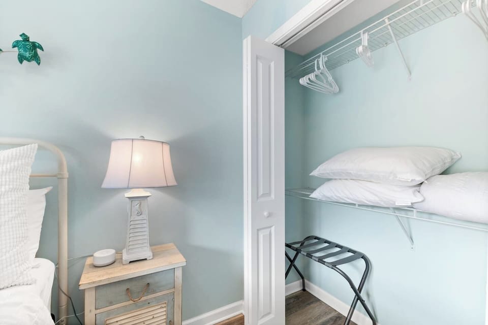 Ample closet space and extra pillows and blankets