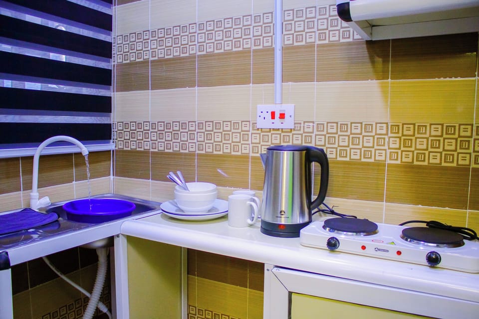 Mini-fridge, cookware/dishes/utensils, paper towels