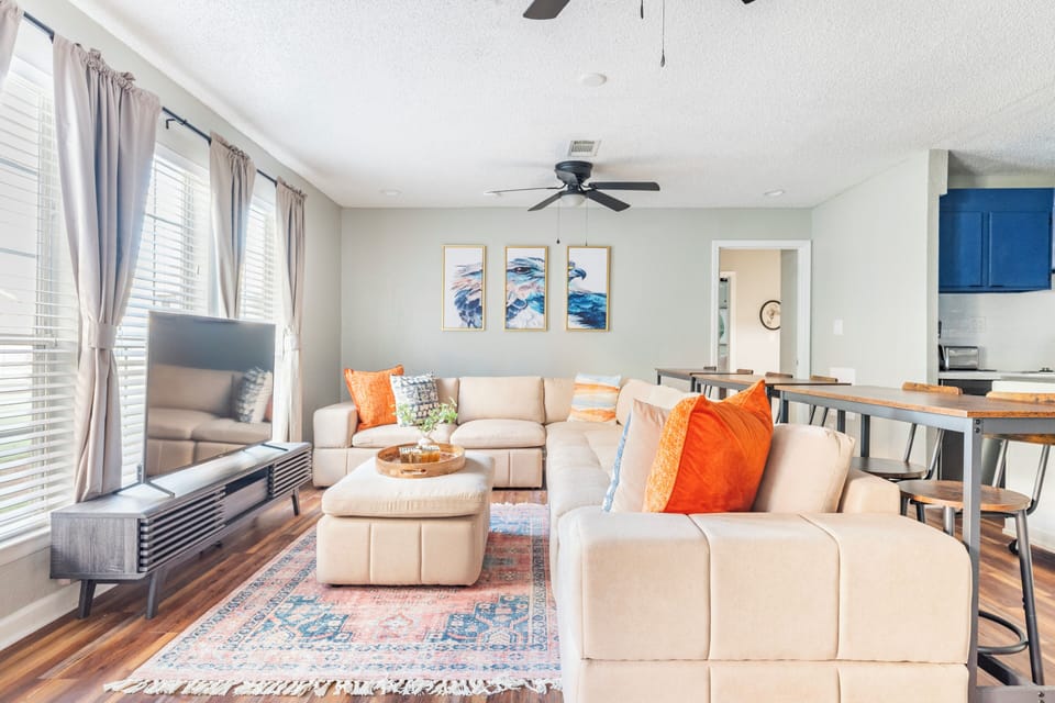 Large TV and plenty of comfy seating for the big game