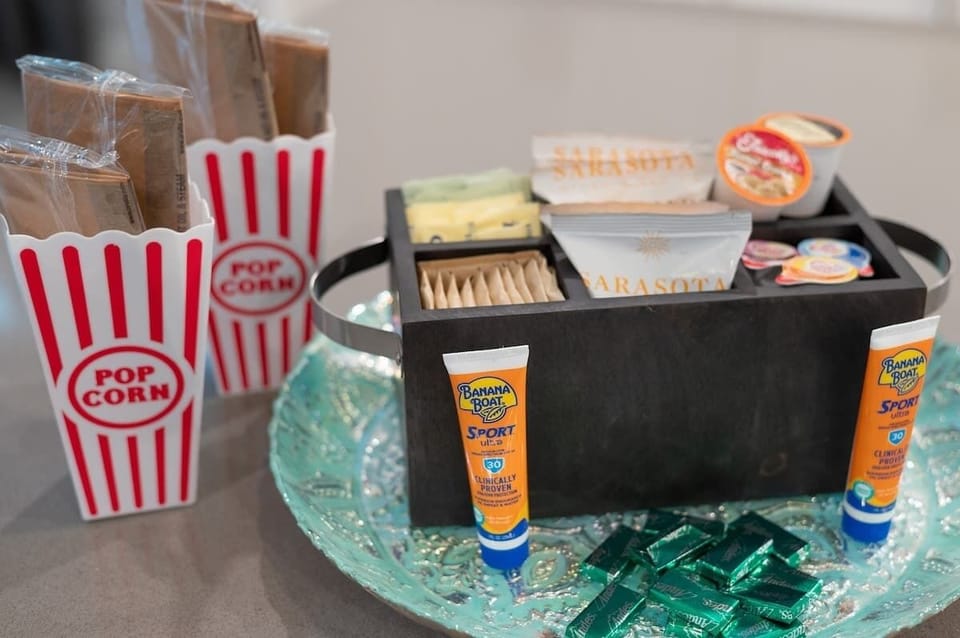 Popcorn for movie night, coffee for the morning and sunscreen for pool time!