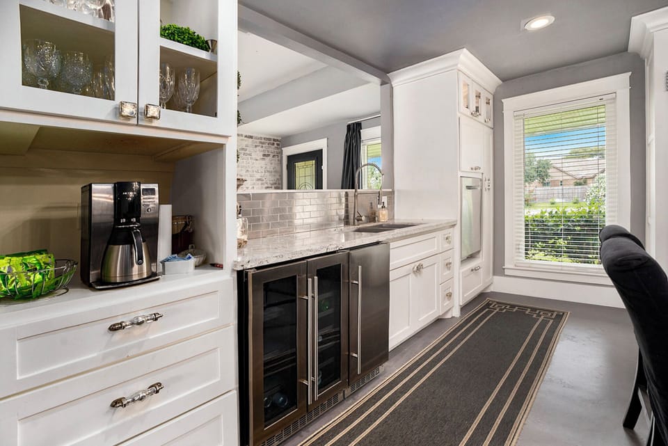 Ice machine and beverage/wine cooler. coffee area.