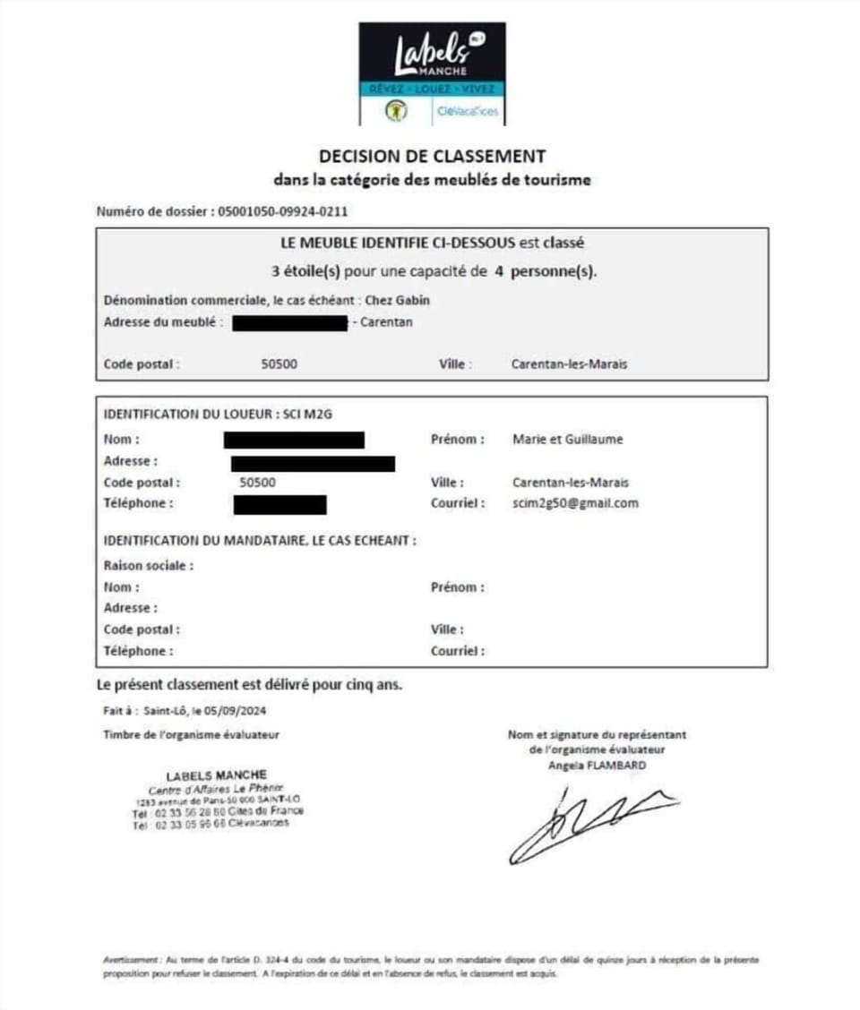 Décision de classement 3 étoiles en meublé de tourisme du 05/09/2024.