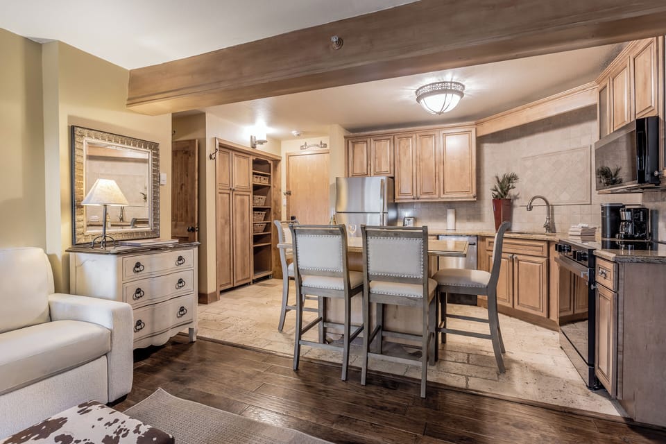 Fully renovated kitchen with island dining