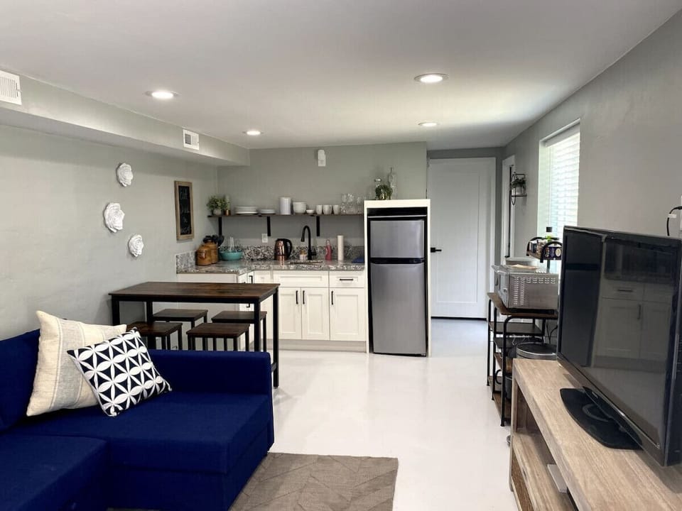 Living room and well-equipped kitchenette with toaster oven and large hot plate
