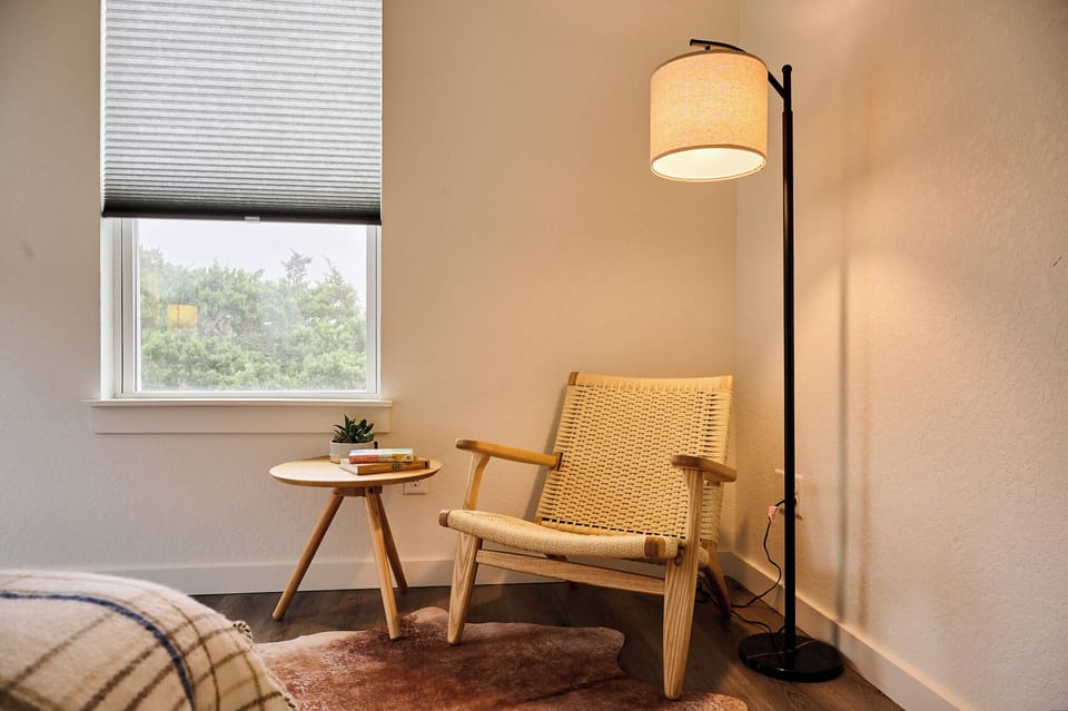 The room features a seating area