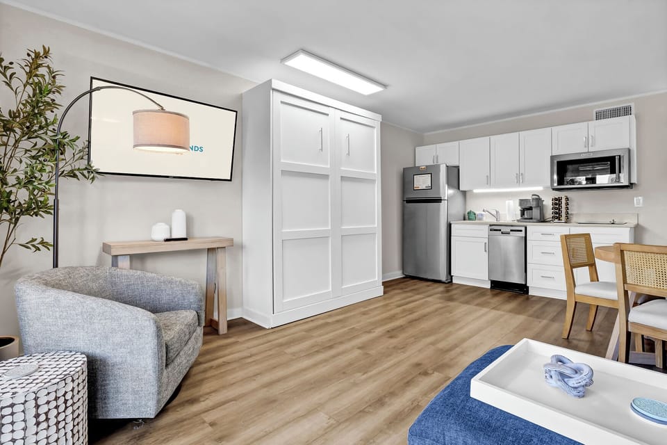 Open spaces. Pull down queen murphy bed with linens in the closet. This unit sleeps 4.