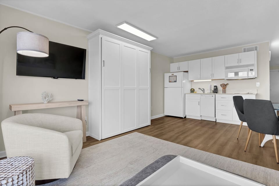 Open spaces. Pull down queen murphy bed with linens in the closet. This unit sleeps 4.