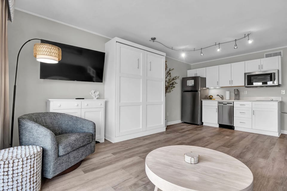 Open spaces. Pull down queen murphy bed with linens in the closet. This unit sleeps 4.