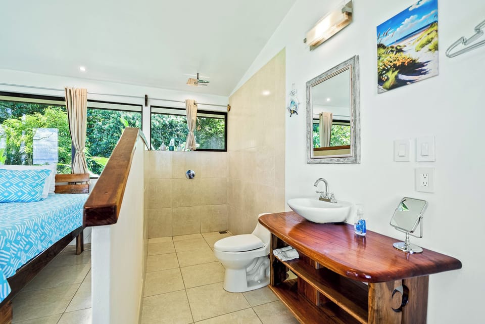 large rain shower w/hot H2O. Bidet,toliet paper flushes down toliet,   sea views