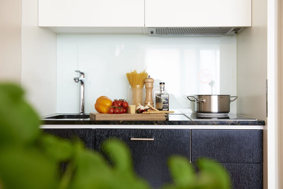Full-size fridge, coffee/tea maker, electric kettle, toaster