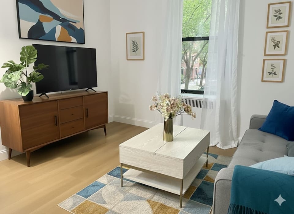 Bright living room — West Village vacation rental, NYC