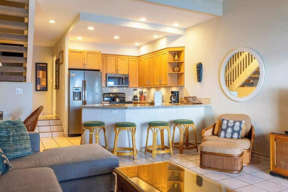 Remodeled kitchen with granite countertops and stainless appliances 