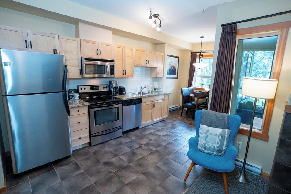 Galley kitchen, view from the living room