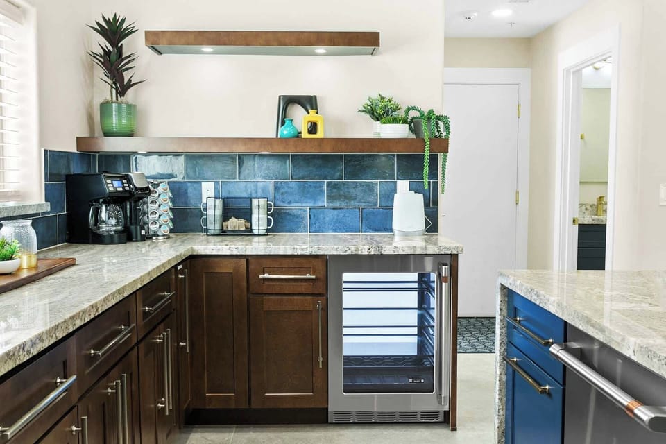 Beverage fridge and coffee station for your daily dose of refreshment