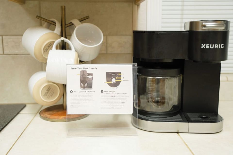 GLASS CUPS, COFFEE MUGS,  GROUND COFFEE MAKER AND KEURIG 