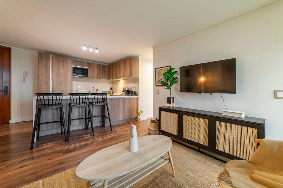 Chic open-plan living area with modern amenities and cozy decor, perfect for relaxing after a day exploring the vibrant city of Santiago.
