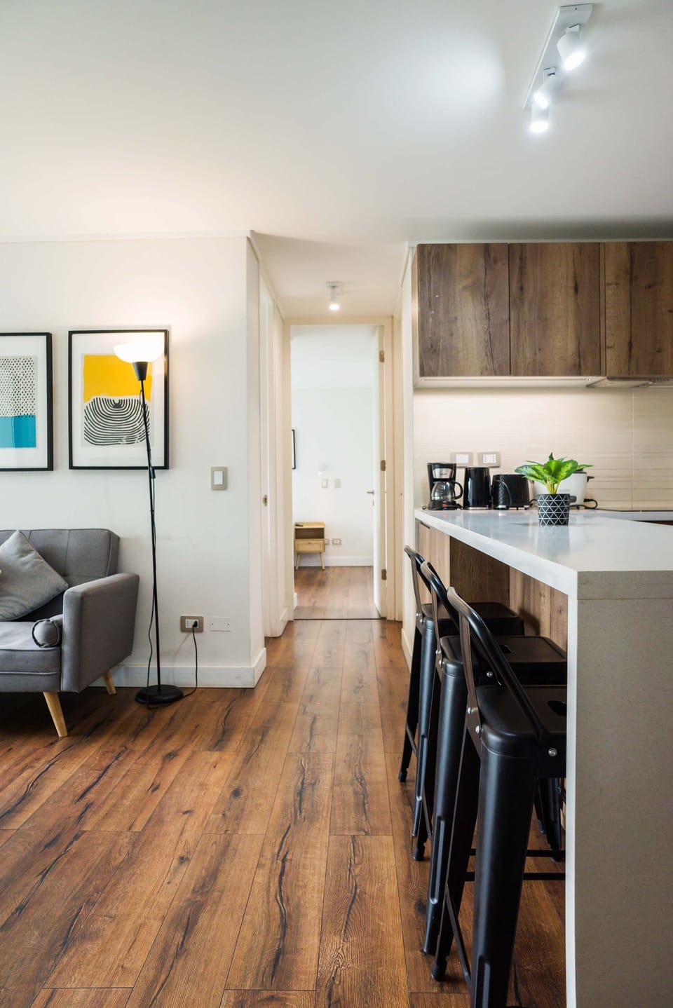 Modern living area with sleek kitchen and cozy seating, perfect for relaxation and entertaining.