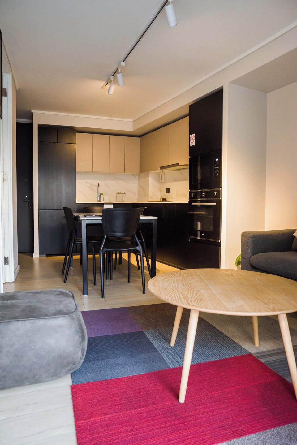Modern kitchen and cozy living space with vibrant rugs, perfect for a stylish stay in this chic studio apartment.