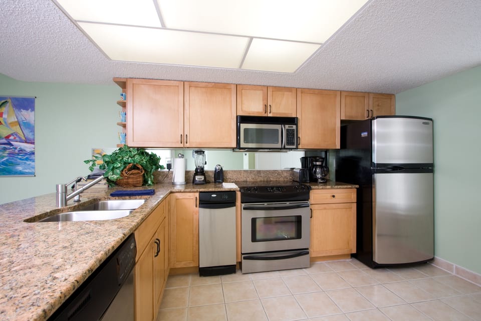 Condo, 1 Bedroom, Balcony, Beach View (#1, Saida Tower III) | Private kitchen | Full-size fridge, microwave, stovetop, dishwasher