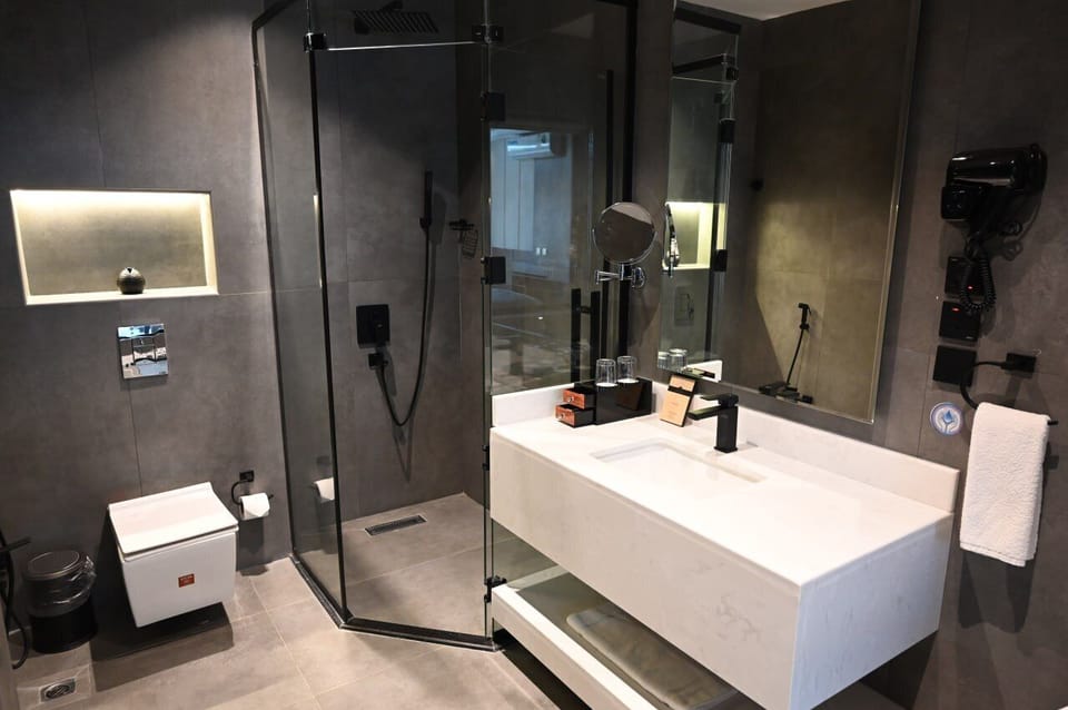 Hair dryer, slippers, bidet, towels