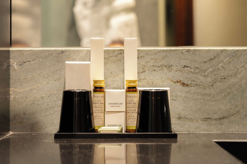 Deluxe Premier King | Bathroom | Designer toiletries, hair dryer, slippers, bidet