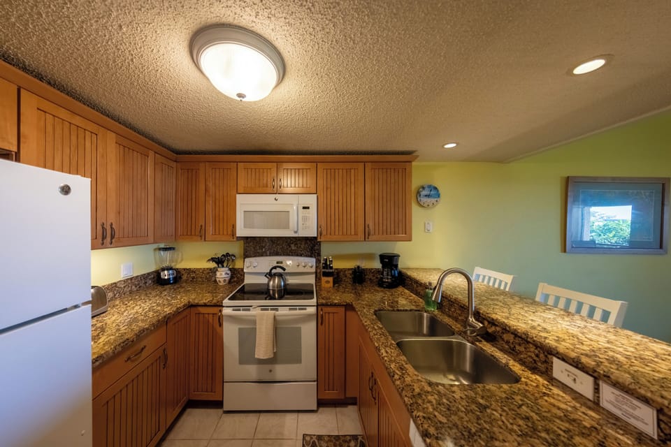 Fully equipped kitchen with modern appliances, granite countertops.