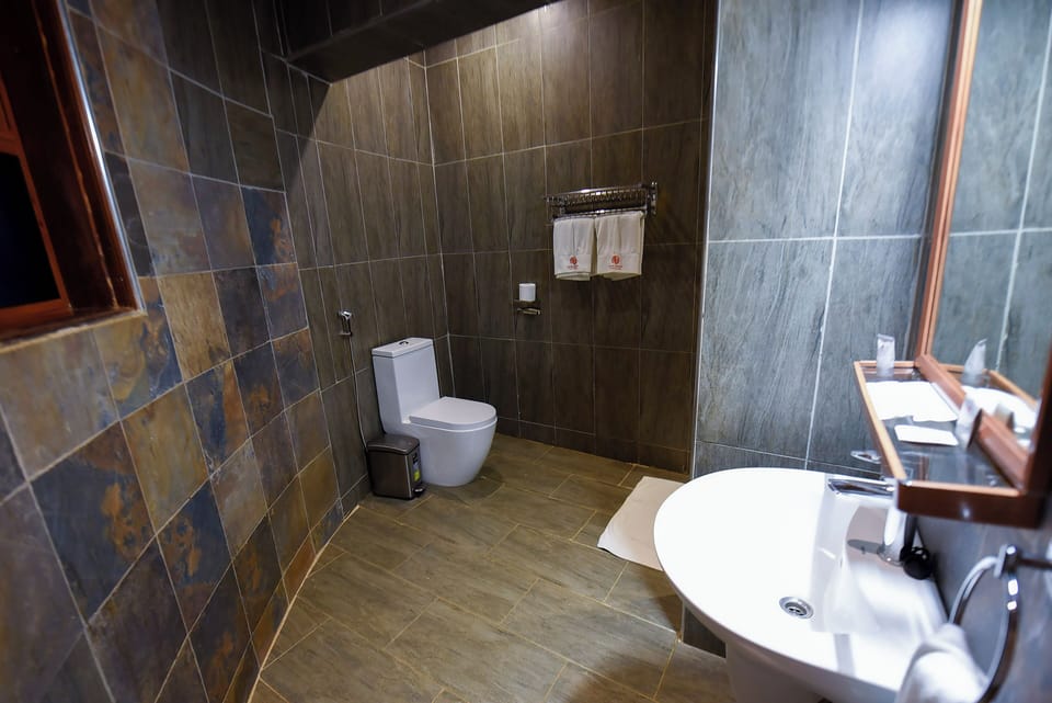 Hydromassage showerhead, eco-friendly toiletries, hair dryer, bathrobes