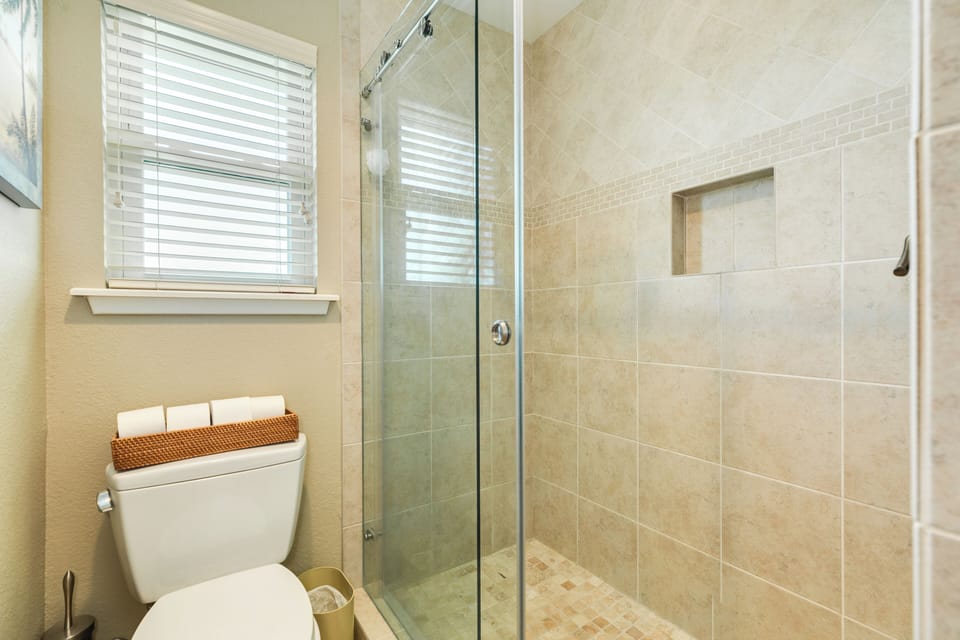 Walk-in shower in the primary bathroom