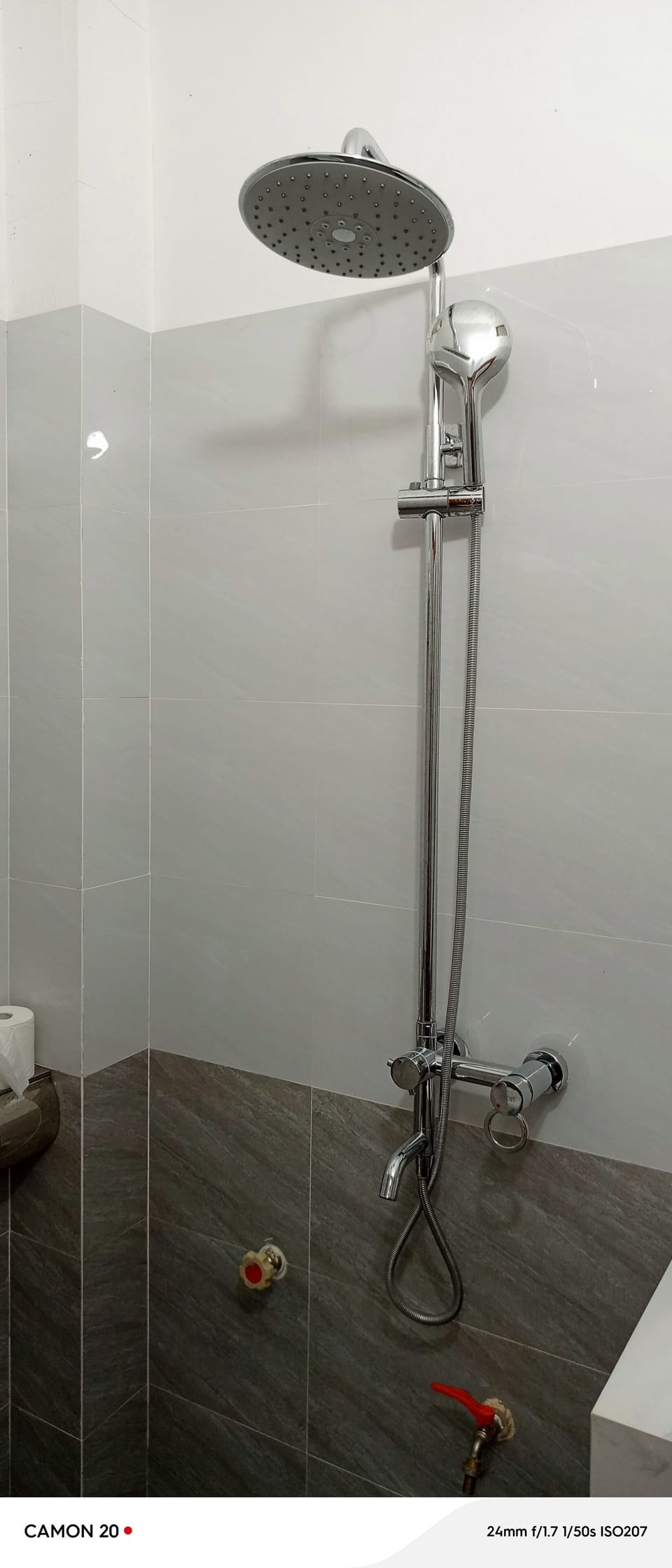Shower, rainfall showerhead, designer toiletries, hair dryer