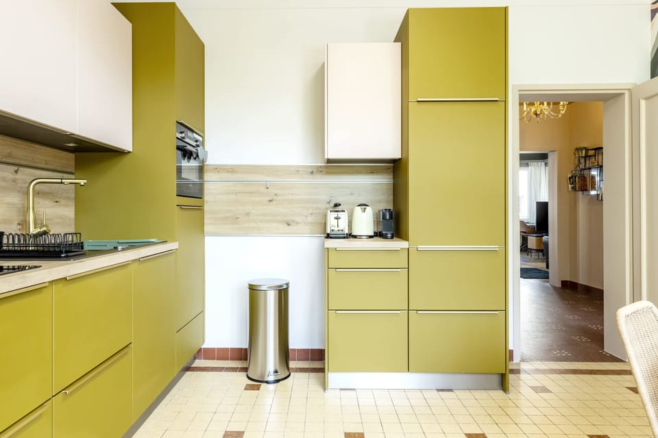 Fully equipped modern kitchen featuring sleek, olive-green cabinets and state-of-the-art appliances, ideal for culinary enthusiasts.