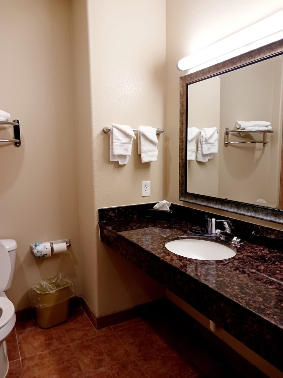 Combined shower/tub, free toiletries, hair dryer, towels