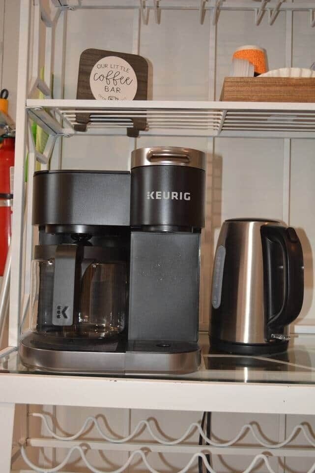Coffee/Tea Station with single-cup Keurig, 12-cup drip coffee maker, French Press, and electric tea kettle.