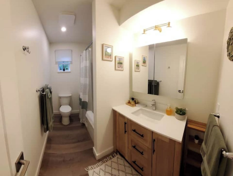 Main bathroom with tub and shower