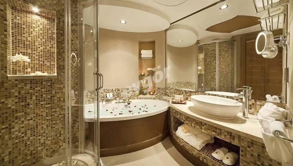 Shower, hair dryer, slippers, towels