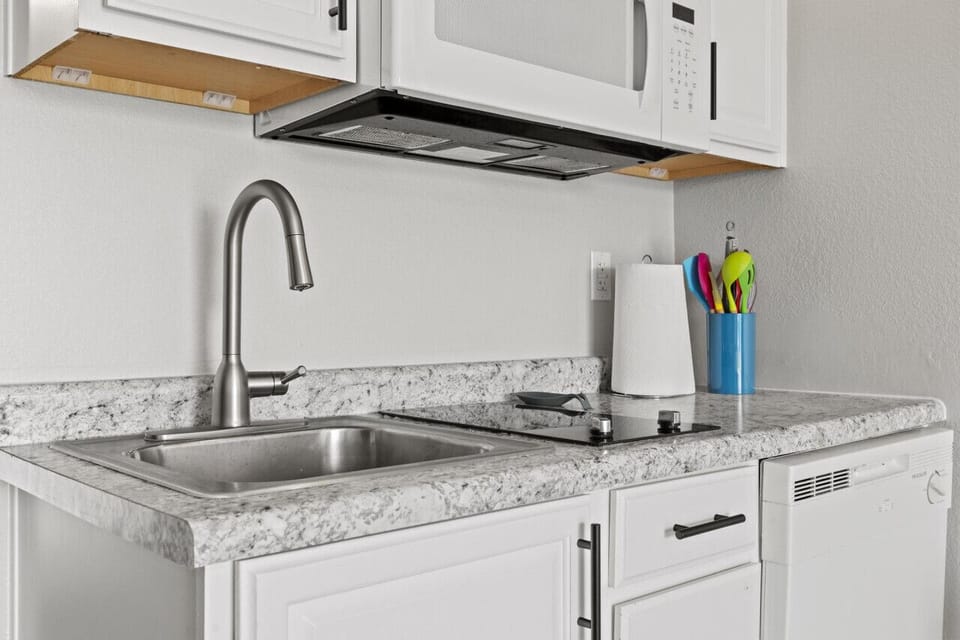 Kitchenette with a 2 burner stovetop, microwave, and dishwasher