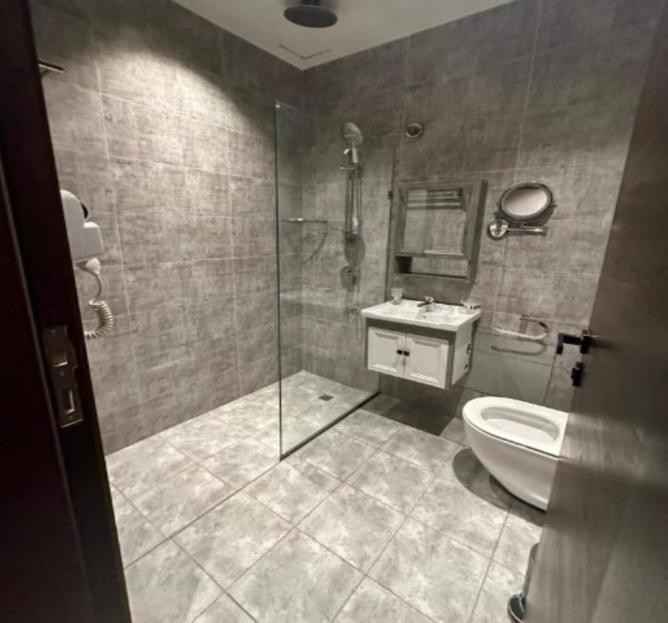 Hair dryer, bidet, towels, toilet paper