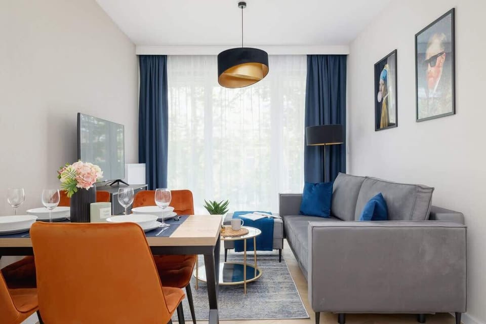 A living room with a soft gray couch, vivid blue curtains, and natural light streaming through the windows.