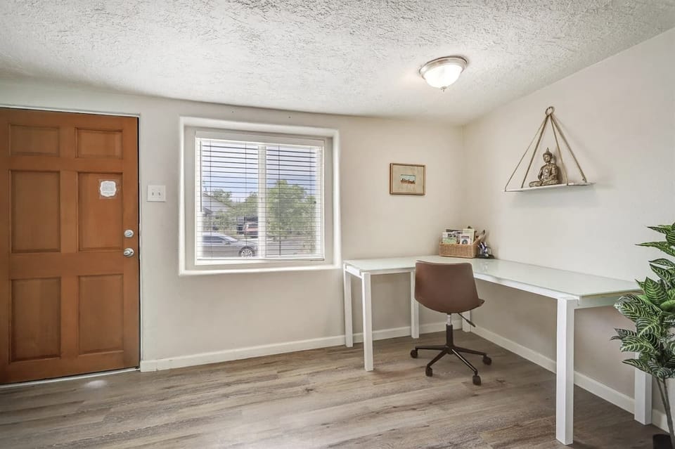 Work space looks out onto the front yard