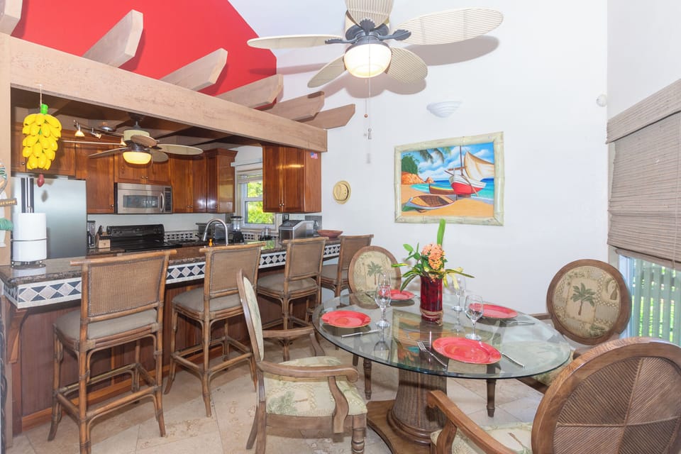 Dining table with bar for extra seating.