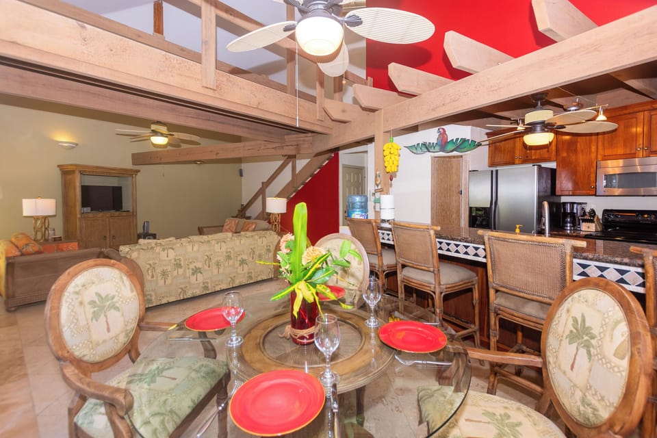 dining table and bar to kitchen.