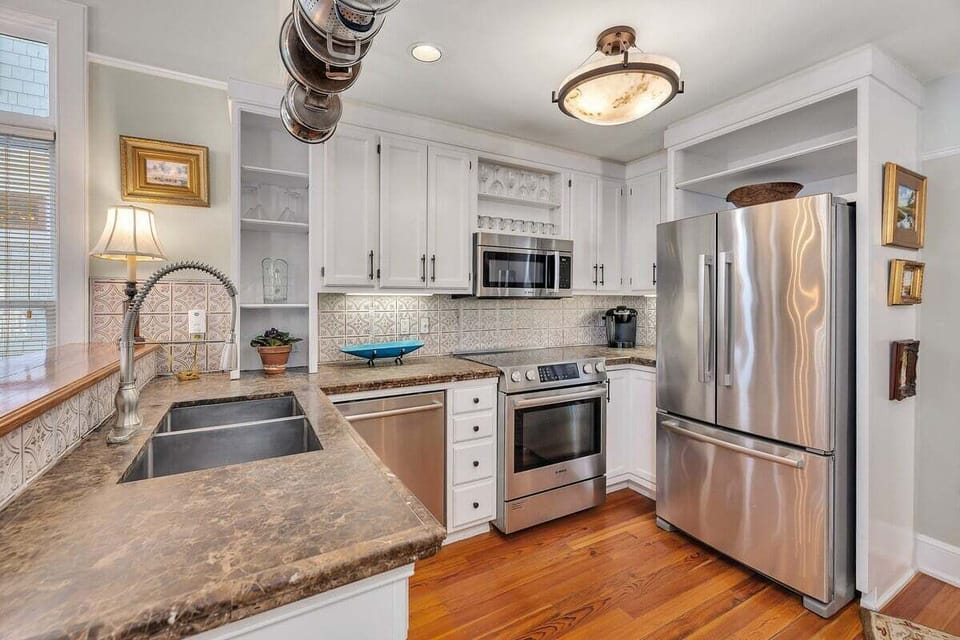 Close-up of kitchen with stainless steel appliances