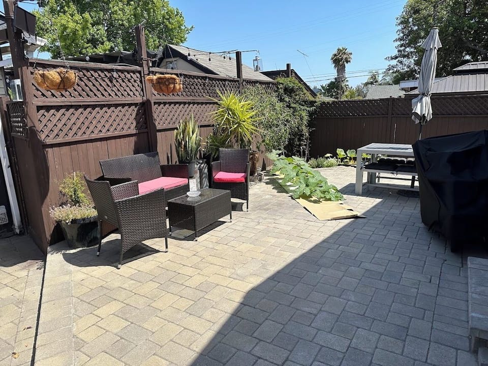 Back yard patio with seating.