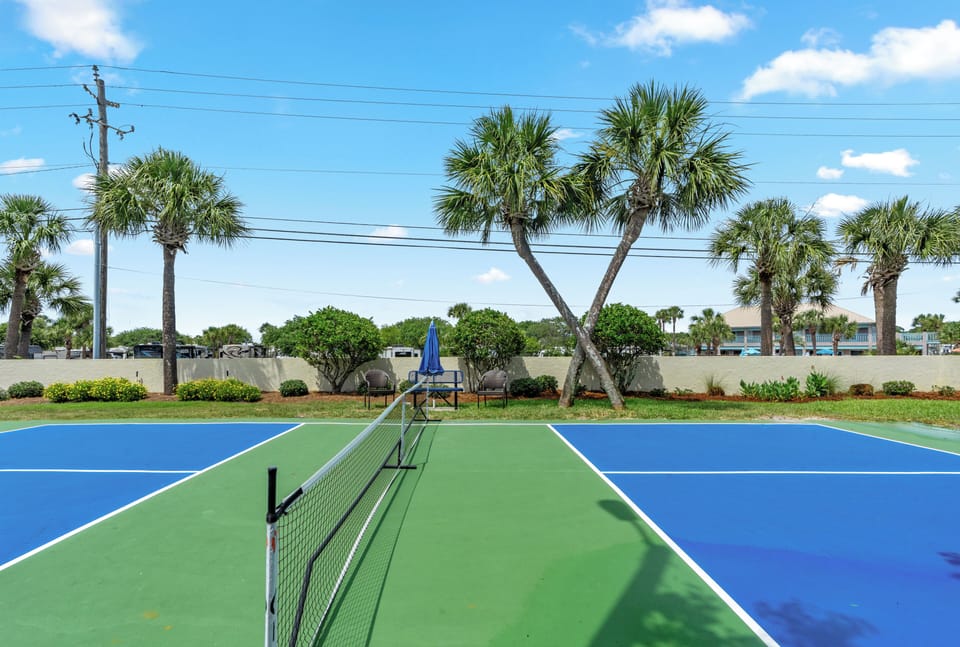 On-site pickleball court surrounded by palms for sunny matches between beach days.