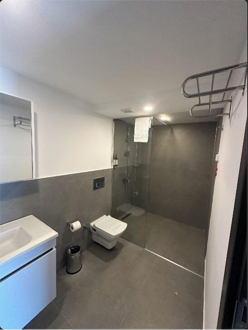 Shower, rainfall showerhead, hair dryer, bathrobes