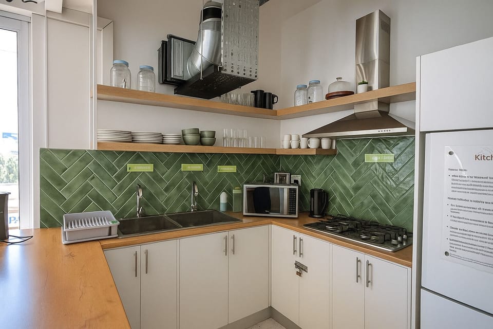Full-size fridge, microwave, dishwasher, cookware/dishes/utensils