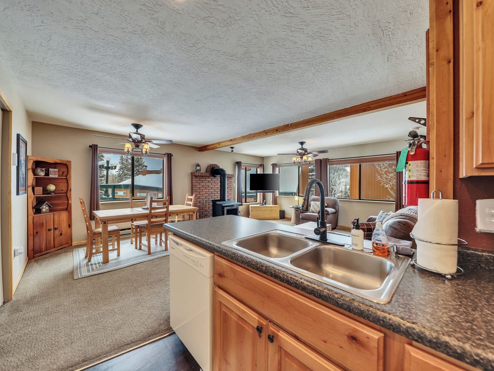 View from the kitchen to the living and dining areas