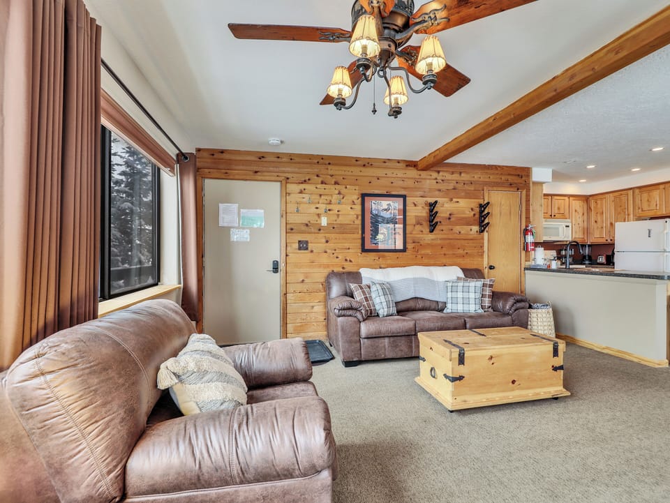 Cozy living room with a wood-burning stove, 55" smart TV, comfortable queen sleeper sofa, armchair, and ceiling fan for ultimate relaxation